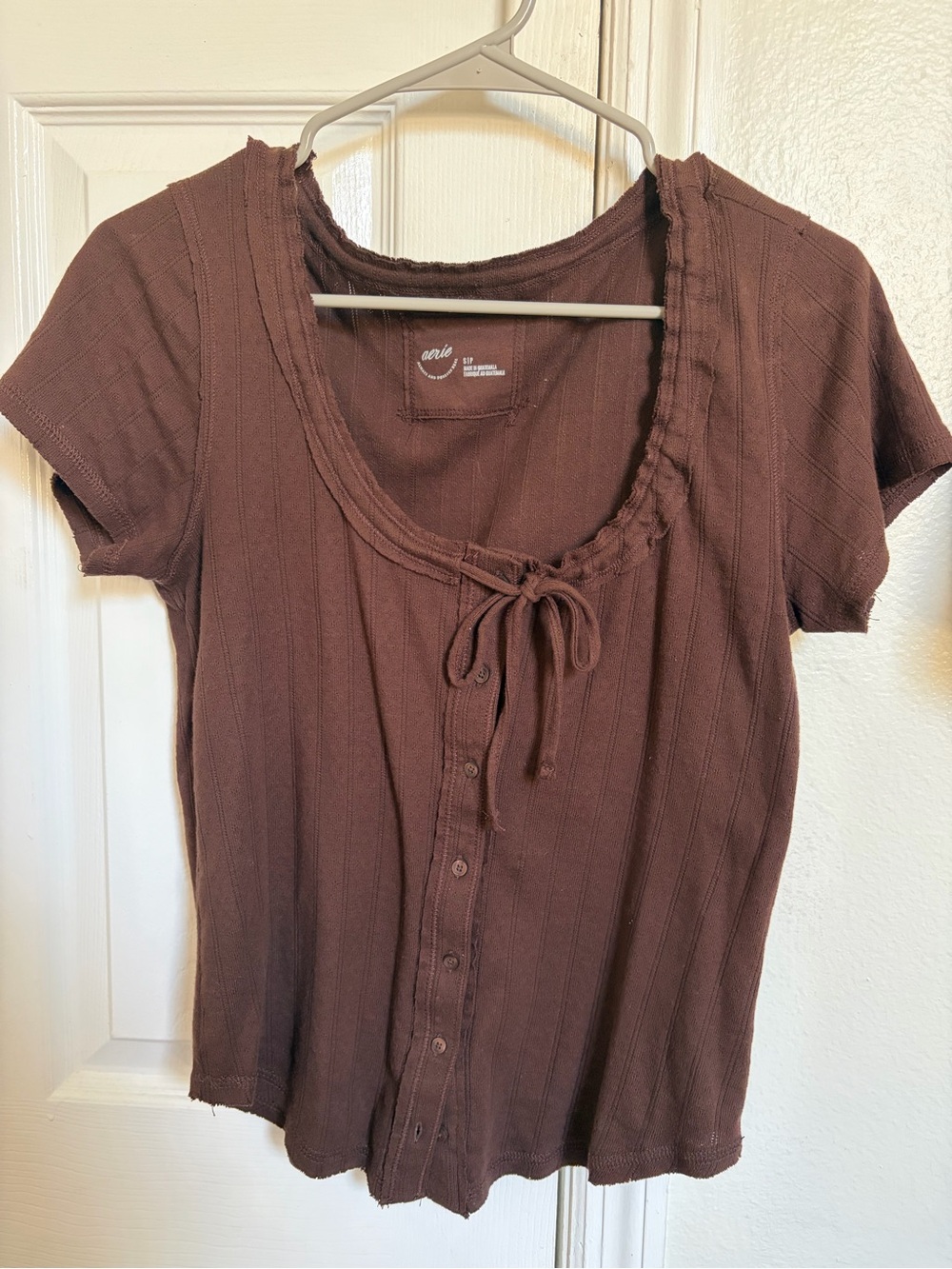 aerie Chocolate Brown Short Sleeve Scoop-Neck Button Tie Top